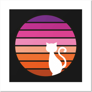 Cat watching sunset retro design (orange, pink, purple hues) Posters and Art